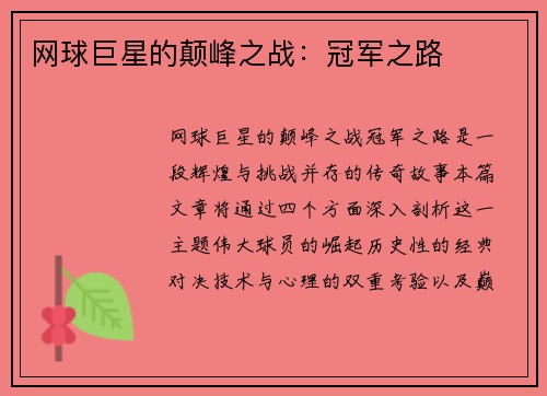 网球巨星的颠峰之战：冠军之路