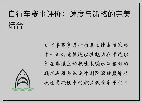 自行车赛事评价：速度与策略的完美结合